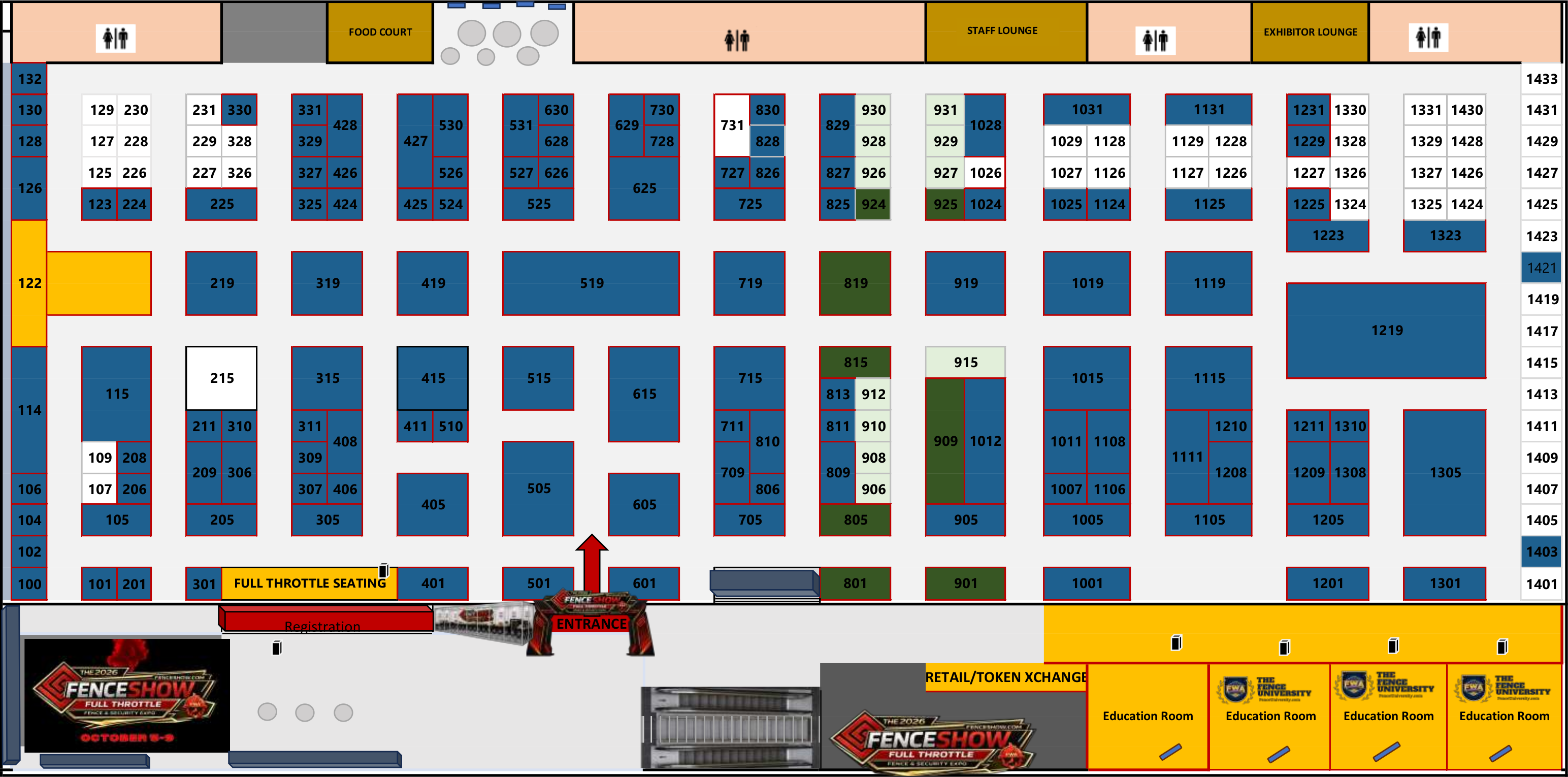 2026 Full Throttle Fence Show & Security Expo exhibit hall floor plan showing booth numbers, entrance, registration, food court, education rooms, and lounges
